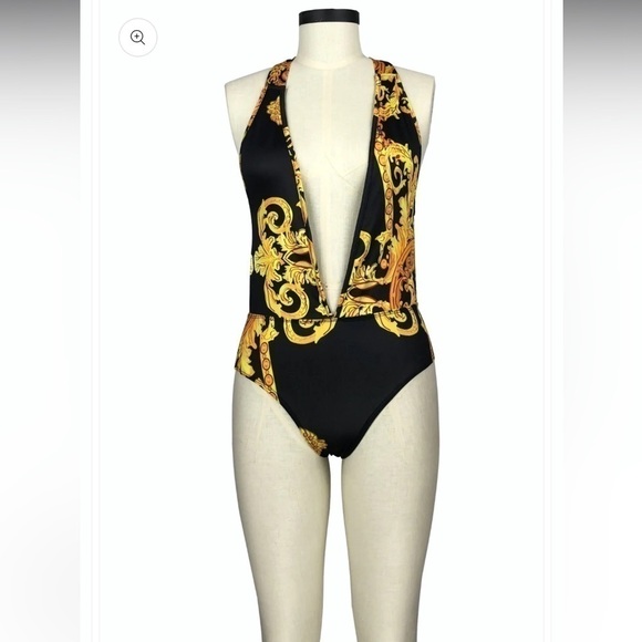 Orange, Yellow and black one piece low V cut Swim suit size Large - Picture 3 of 11